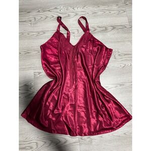 Avon Style Vintage Cranberry Red Satin Chemise Nightgown 2X Plus Tie Front 63114